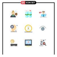 Group of 9 Flat Colors Signs and Symbols for coin idea scientist solution mind Editable Vector Design Elements