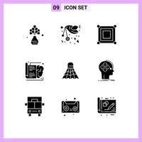 Solid Glyph Pack of 9 Universal Symbols of badminton knowledge romance brain box Editable Vector Design Elements