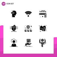 Group of 9 Solid Glyphs Signs and Symbols for database protection measurement medical insurance Editable Vector Design Elements