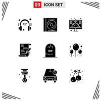 Mobile Interface Solid Glyph Set of 9 Pictograms of grave document disc business screen Editable Vector Design Elements