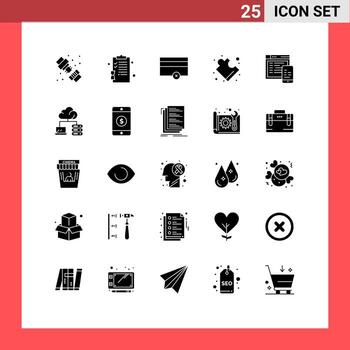 grupo de 25 glifos sólidos modernos establecidos para elementos de diseño de vectores editables de rompecabezas sensibles a finanzas de diseño móvil