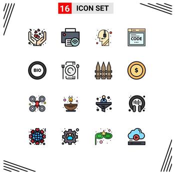 paquete de 16 líneas modernas llenas de color plano, signos y símbolos para medios de impresión web, como impresoras de códigos biológicos, centros de llamadas de Internet, elementos de diseño de vectores creativos editables
