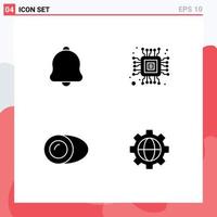 Mobile Interface Solid Glyph Set of 4 Pictograms of alert food sound micro gear Editable Vector Design Elements