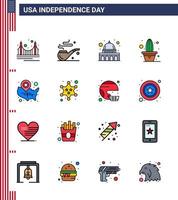 Happy Independence Day 4th July Set of 16 Flat Filled Lines American Pictograph of states pot capitol plant cactus Editable USA Day Vector Design Elements