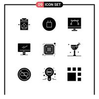 Modern Set of 9 Solid Glyphs Pictograph of chip imac design and coding device computer Editable Vector Design Elements