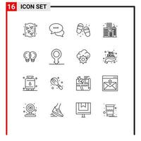 Group of 16 Outlines Signs and Symbols for mechanic idea beach building city Editable Vector Design Elements