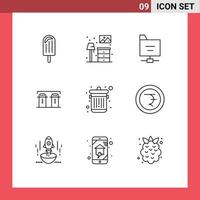 Mobile Interface Outline Set of 9 Pictograms of trash delete files spices paper Editable Vector Design Elements