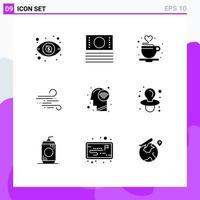 9 Universal Solid Glyphs Set for Web and Mobile Applications wifi signal human love connect wind Editable Vector Design Elements