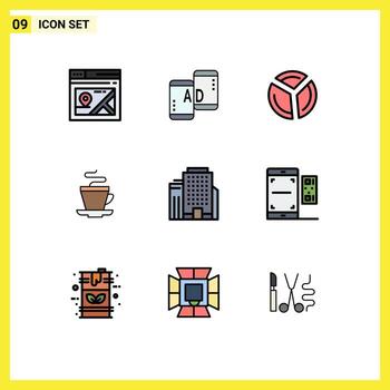 9 colores planos universales de línea de llenado establecidos para aplicaciones web y móviles que crean elementos de diseño de vectores editables de café y té de gráficos indios