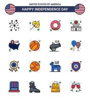 16 señales de línea llenas planas para el día de la independencia de EE. UU. vector