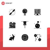 Modern Set of 9 Solid Glyphs Pictograph of zipper house monitor fire architecture Editable Vector Design Elements