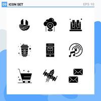 Pack of 9 Modern Solid Glyphs Signs and Symbols for Web Print Media such as envelopes cup gps coffee science Editable Vector Design Elements