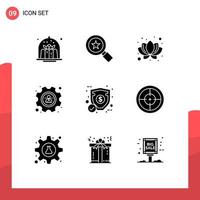 Pictogram Set of 9 Simple Solid Glyphs of security ecommerce lotus money profile Editable Vector Design Elements