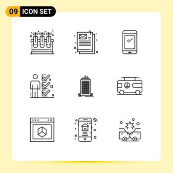 Editable Vector Line Pack of 9 Simple Outlines of bulding tick smart phone user checklist Editable Vector Design Elements