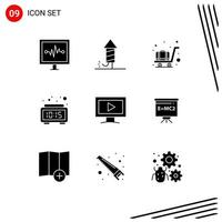 Solid Glyph Pack of 9 Universal Symbols of video monitor airport time clock Editable Vector Design Elements