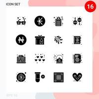 Set of 16 Modern UI Icons Symbols Signs for box nigeria business network naira music Editable Vector Design Elements