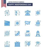 Set of 16 Vector Blues on 4th July USA Independence Day such as video american man police sign police Editable USA Day Vector Design Elements