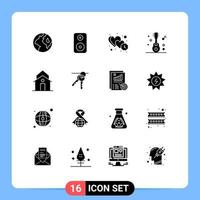 16 Thematic Vector Solid Glyphs and Editable Symbols of house building love party guitar Editable Vector Design Elements