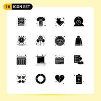 Set of 16 Vector Solid Glyphs on Grid for celebrate notification puzzle clock webcam Editable Vector Design Elements
