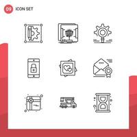 9 Outline concept for Websites Mobile and Apps card mobile gear lock application application Editable Vector Design Elements