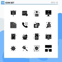 Group of 16 Modern Solid Glyphs Set for monitor star event like favorite Editable Vector Design Elements