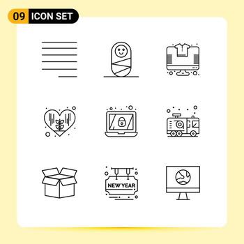 Modern Set of 9 Outlines Pictograph of fire car tshirt lock encryption Editable Vector Design Elements