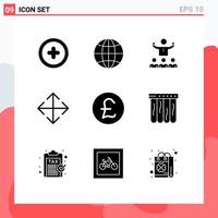 9 Thematic Vector Solid Glyphs and Editable Symbols of money pound sterling growth transform arrow Editable Vector Design Elements