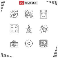 Group of 9 Outlines Signs and Symbols for education compass bag stove electro Editable Vector Design Elements