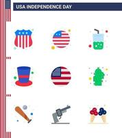 Happy Independence Day Pack of 9 Flats Signs and Symbols for usa flag summer american hat Editable USA Day Vector Design Elements