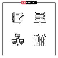 Mobile Interface Line Set of 4 Pictograms of hobbies connection note book server computer Editable Vector Design Elements