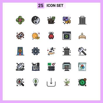 conjunto de color plano de línea llena de interfaz móvil de 25 pictogramas de basura amor yin escudo de comunicación elementos de diseño vectorial editables vector