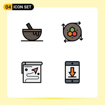 conjunto de pictogramas de 4 colores planos de línea de llenado simple de la ruta del tazón aplicación de modelado de alimentos destino elementos de diseño vectorial editables vector