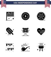 4th July USA Happy Independence Day Icon Symbols Group of 9 Modern Solid Glyphs of movies chair play usa cream Editable USA Day Vector Design Elements