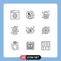 Modern Set of 9 Outlines Pictograph of vision dollar protein spray graphic Editable Vector Design Elements