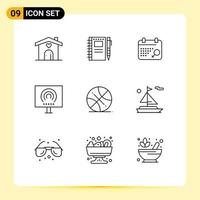 Mobile Interface Outline Set of 9 Pictograms of backetball signal sketch radio desktop Editable Vector Design Elements