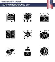 9 signos de glifos sólidos para el día de la independencia de EE. UU. Hombres día del escudo occidental americano elementos de diseño vectorial del día de EE. vector