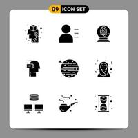 Pack of 9 Modern Solid Glyphs Signs and Symbols for Web Print Media such as planet mind globe mental exhaustion Editable Vector Design Elements