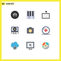 User Interface Pack of 9 Basic Flat Colors of photo camera mount monitor design Editable Vector Design Elements