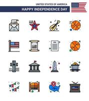 Happy Independence Day 4th July Set of 16 Flat Filled Lines American Pictograph of states sports usa ball american Editable USA Day Vector Design Elements