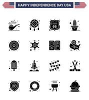 Modern Set of 16 Solid Glyphs and symbols on USA Independence Day such as sign police shield pot flower Editable USA Day Vector Design Elements