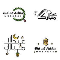 paquete moderno de 4 eidkum mubarak árabe tradicional tipografía kufic cuadrada moderna texto de saludo decorado con estrellas y luna vector