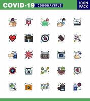 conjunto de iconos covid19 para infografía paquete de 25 líneas llenas de color plano, como máscara de burbuja médica agua coronavirus viral médico 2019nov elementos de diseño de vectores de enfermedad