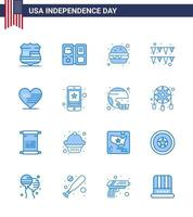feliz día de la independencia 4 de julio conjunto de 16 pictogramas americanos de blues de bandera amor hamburguesa corazón garland elementos de diseño de vector de día de estados unidos editables