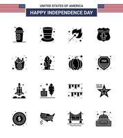 Set of 16 Modern Solid Glyphs pack on USA Independence Day food security camping american sheild Editable USA Day Vector Design Elements