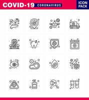 Coronavirus Precaution Tips icon for healthcare guidelines presentation 16 Line icon pack such as coronavirus transport plane hospital ambulance viral coronavirus 2019nov disease Vector Design El