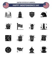 Modern Set of 16 Solid Glyphs and symbols on USA Independence Day such as fries fast american eagle animal Editable USA Day Vector Design Elements