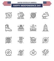 16 signos de línea de estados unidos celebración del día de la independencia símbolos de policía escudo americano bota mortero elementos de diseño de vector de día de estados unidos editables