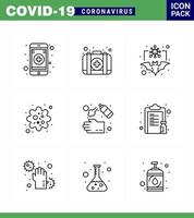 9 Line coronavirus epidemic icon pack suck as cleaning virus carrier patogen infection viral coronavirus 2019nov disease Vector Design Elements