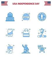 Pack of 9 creative USA Independence Day related Blues of packages bag bird cola can Editable USA Day Vector Design Elements