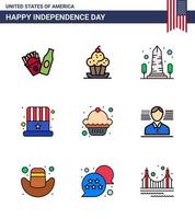 gran paquete de 9 estados unidos feliz día de la independencia líneas planas llenas de vector de estados unidos y símbolos editables de cake hat hito cap washington elementos de diseño de vector de día de estados unidos editables